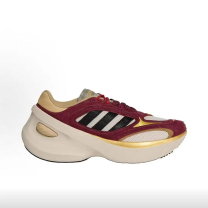 Scarpe sportive da corsa casual Adidas, modello «dad shoes» con suola spessa, in rosso vino e oro, stile retrò, che slanciano la figura, KI7013.