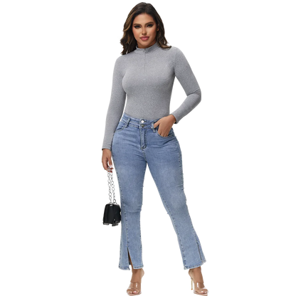 Body con colletto alla coreana con cerniera Donna Manica lunga Spazzolato Abiti invernali con fondo Sexy Streetwear Body Shaper Body pancia piatta