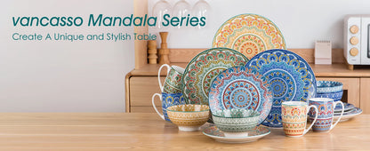 Vancasso 16/32 pezzi piatto ceramico set di stoviglie in porcellana con motivo mandala bohémien con piatto piano, piatto da dessert, ciotola, tazza