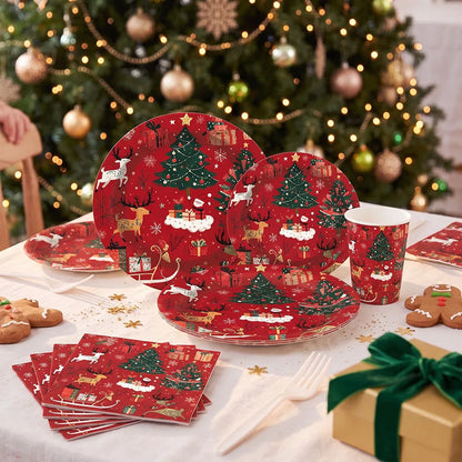Set di stoviglie per feste a tema natalizio, con decorazioni a tema renna e albero, piatti, bicchieri e tovaglioli di carta usa e getta, articoli per le feste di Capodanno.