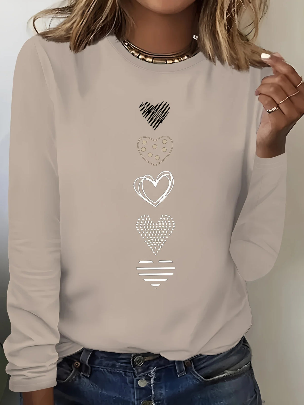 Abbigliamento primaverile e autunnale da donna in cotone 100 T-shirt stampata con cuore colorato Manica lunga Girocollo Top casual
