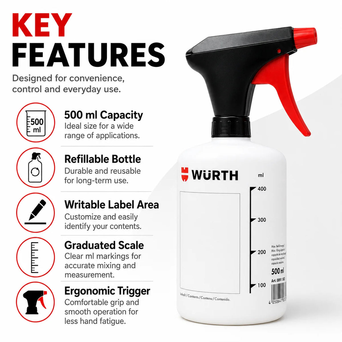 Flacone Spray Ricaricabile Professionale WURTH Germania, Erogatore a Grilletto Resistente agli Agenti Chimici, Dispenser per Sgrassatore e Lubrificante Auto