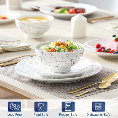 LOVECASA Set di piatti in ceramica da 12/24 pezzi Color smalto bianco con Set di stoviglie in oro con cena/Dessert/ciotola da 4/8 pezzi per 4/8 persone