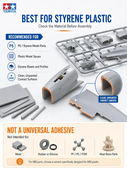 Adesivo in plastica TAMIYA 87012 per modellismo in stirolo, colla di precisione per assemblaggio kit, 20ml