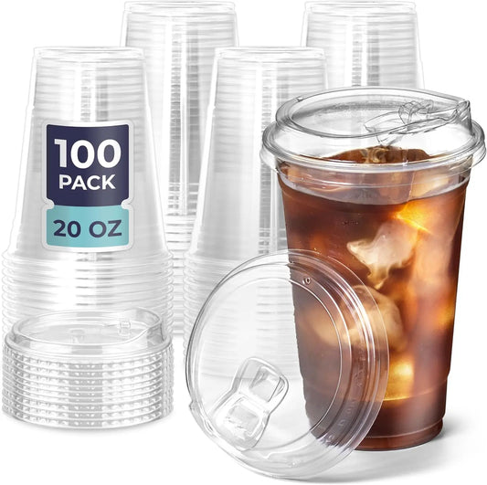 Confezione da 100 bicchieri di plastica trasparenti da 12/16/20/24 once, con coperchi a beccuccio senza cannuccia, bicchieri usa e getta per caffè, con coperchi, ideali per caffè freddo.
