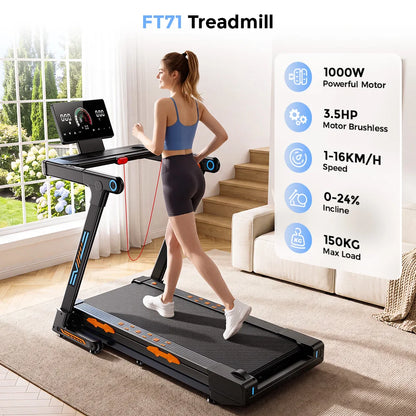 Treadmill Pieghevole FT71 4.0HP, Pedana da Camminata con Inclinazione Automatica del 24%, Macchina da Corsa con APP, Ricarica Wireless, Display LED, Capacità 150KG