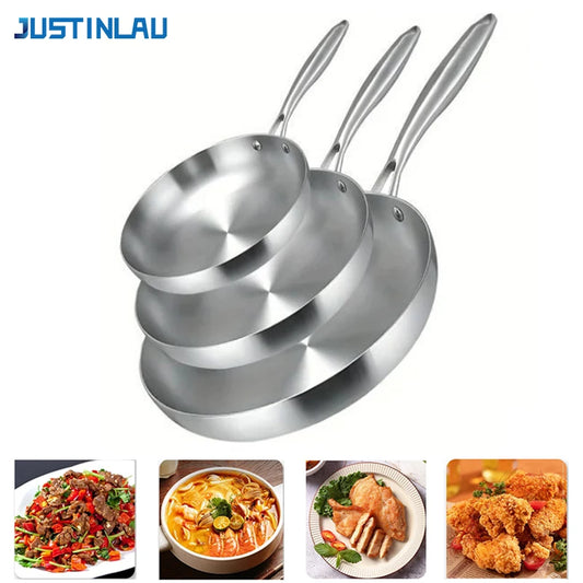 JUSTINLAU Set di 3 Padelle 22/24/26/28CM in Acciaio Inox 304, Padelle Antiaderenti a 5 Strati per Bistecche e Uova, Adatte a Tutti i Tipi di Fornelli