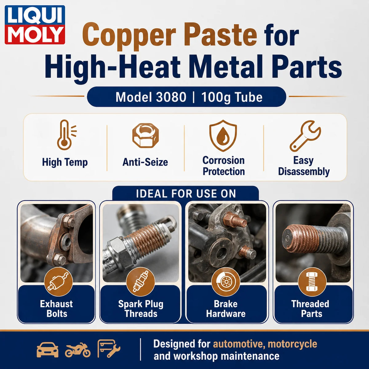 LIQUI MOLY 3080 Pasta di Rame 100g, Grasso Lubrificante Antiaderente ad Alta Temperatura per Bulloni di Scarico, Filettature di Candele, Parti del Freno