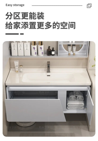 Mobile Bagno Moderno Intelligente con Lavabo Integrato in Ceramica, Armadietti in Rovere, Specchio LED e Mobiletto - Arredamento Bagno