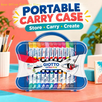 Set di colori a tempera GIOTTO, 24 colori, tubetti da 12 ml, pennello extra fine, con custodia riutilizzabile per il trasporto, ideale per dipingere, miscelare i colori, per l’uso in classe e per attività artistiche domest
