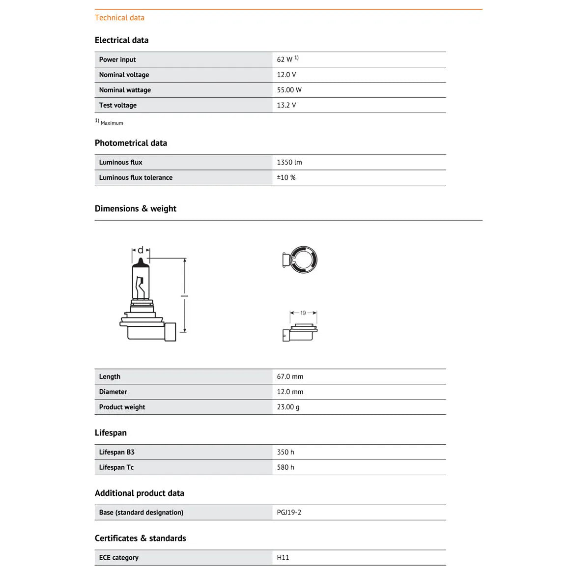 OSRAM 2 pz H11 12 V 55 W 3200 K 64193 PGJ19-2 Linea Originale Pezzi di Ricambio Faro Auto Standard Alogeno Fascio Alto Basso Germania, Coppia