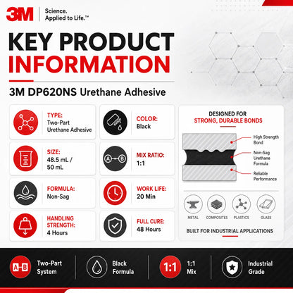 Adesivo Uretanico Originale 3M DP620NS Scotch-Weld 48.5ML Nero Non-Sciolmibile Colla Strutturale Bicomponente per Metallo Plastica Gomma Legno