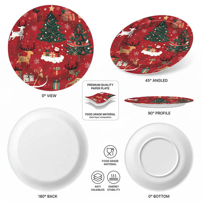 Set di stoviglie per feste a tema natalizio, con decorazioni a tema renna e albero, piatti, bicchieri e tovaglioli di carta usa e getta, articoli per le feste di Capodanno.