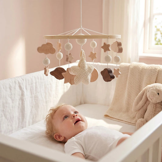 Mobile per Culla Neonato Stella Luna, Sonagli per Lettino, Campanello per Lettino Neonato, Giocattoli Sensoriali da Appendere, Supporto in Legno per Mobile, Campanello da Appendere