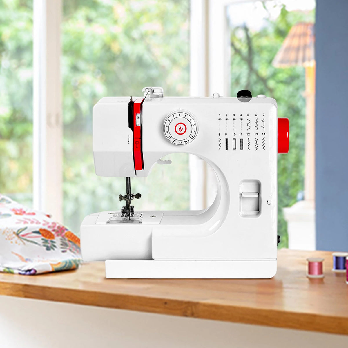 Macchina da Cucire Elettrica Mini 728 Fai-da-te con 14 Punti, Tavolo di Estensione, Kit per Tessuti in Cotone e Cucito, Cucitura Inversa e 14 Tipi di Punti Interni, EU