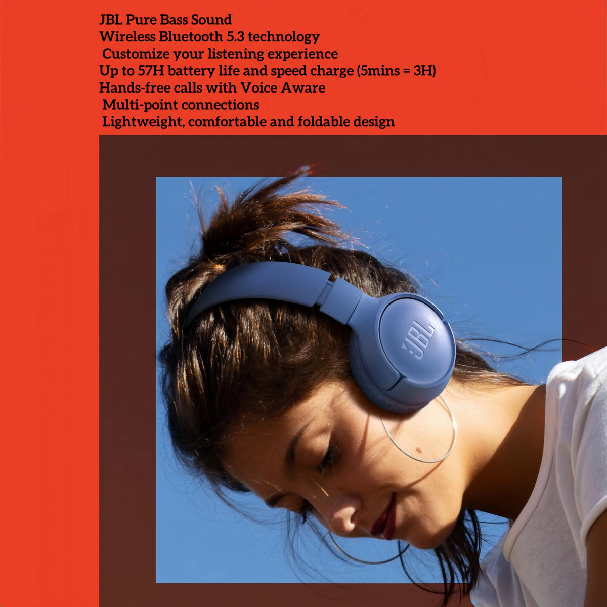 Cuffie wireless JBL Tune 520BT, modello on-ear, con Bluetooth 5.3, batteria da 57 ore, suono con bassi potenti, leggere, pieghevoli, connessione multipunto, ideali per l’uso quotidiano, in offerta.