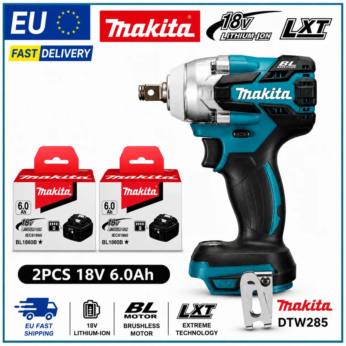 Makita DTW285 Avvitatore a Impulsi 18V 320N·m Senza Spazzole Senza Fili + Batteria 6.0Ah Utensile Elettrico ad Alta Coppia Disponibilità EU Spedizione 1-3 Giorni