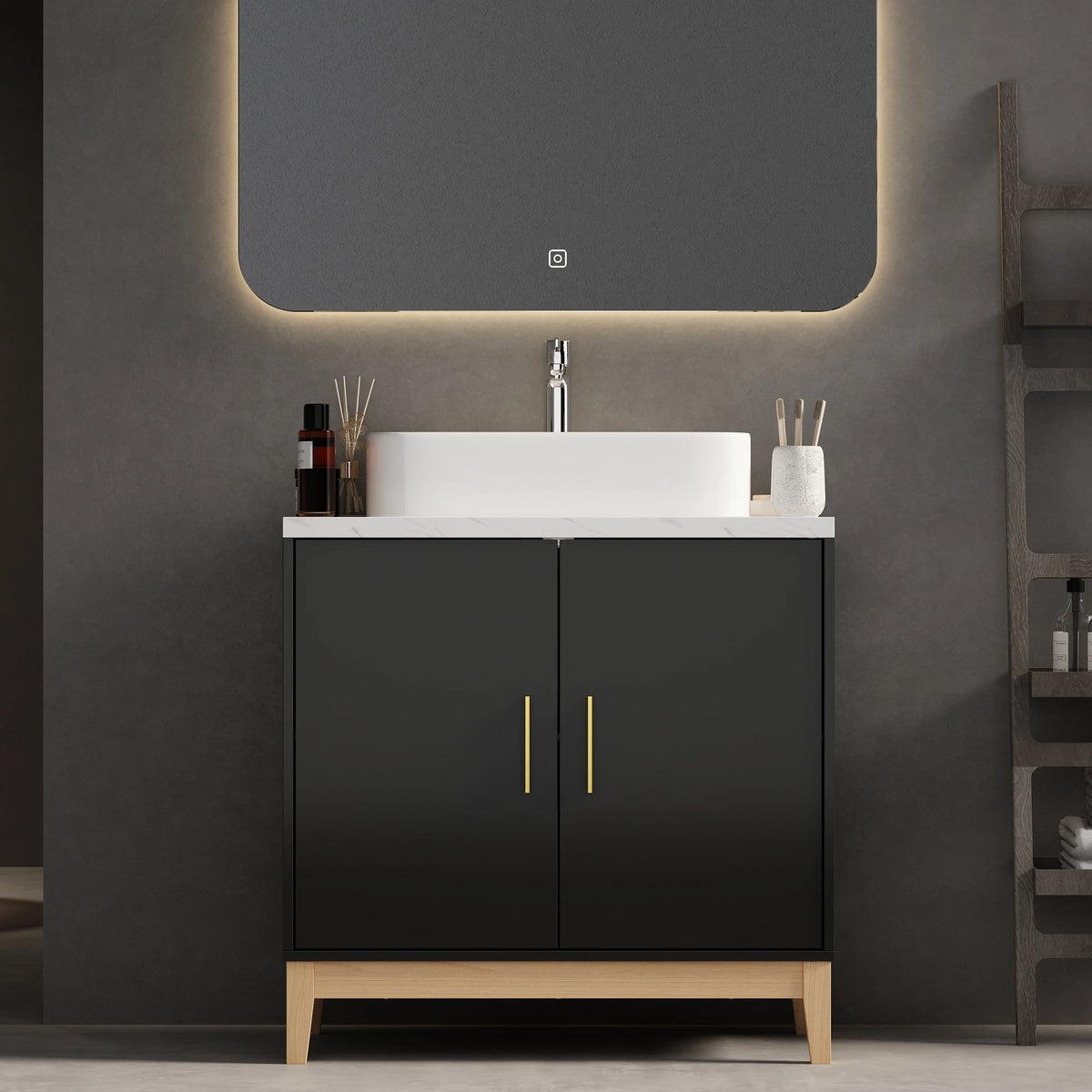 Mobile da bagno moderno con lavabo e 2 ante portaoggetti, mobile lavabo con porta troppopieno e maniglie in metallo, nero