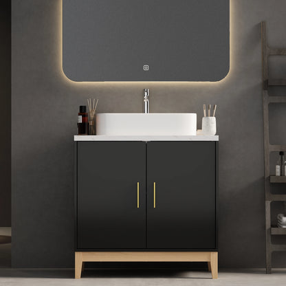 Mobile da bagno moderno con lavabo e 2 ante portaoggetti, mobile lavabo con porta troppopieno e maniglie in metallo, nero
