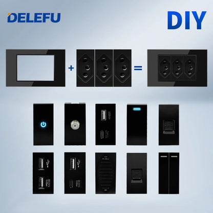 DELEFU Modulo Presa Combinabile Tipo-C Brasile - Uso Domestico - Nero - Assemblaggio Fai-da-te - Presa con Interruttore per Ricarica Rapida USB Tipo-C