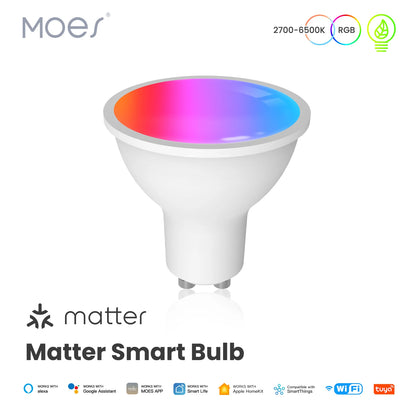 MOES Tuya Matter WiFi GU10 Lampadina intelligente Dimmerabile Luce a Led 16 milioni di colori RGB C + W Lampada a candela Controllo vocale Alexa Google Home