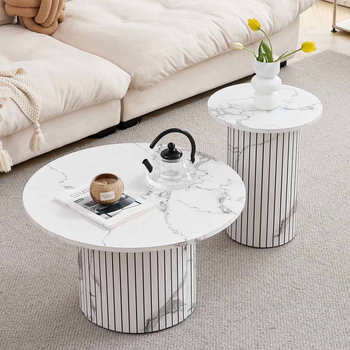 Set di 2 tavolini rotondi in legno in stile nordico, tavolino da caffè impilabile in legno, per mobili da soggiorno/camera da letto