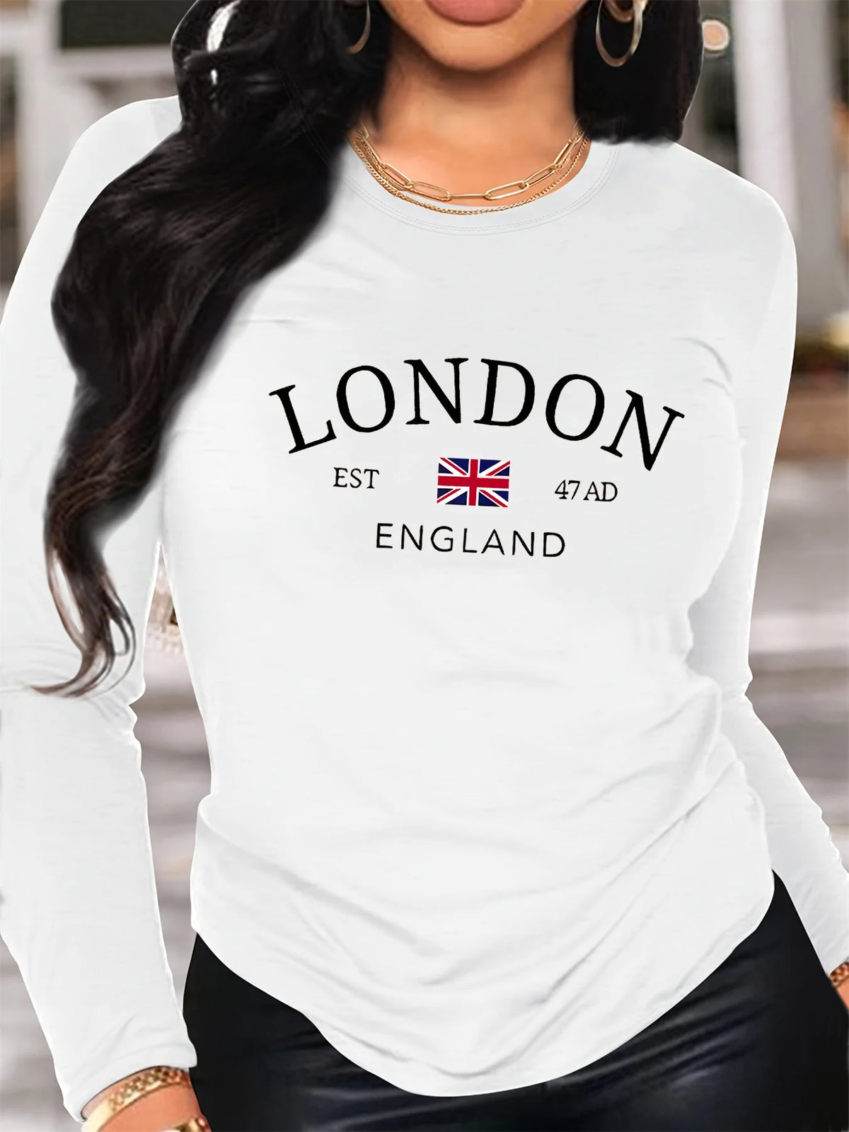 T-shirt da donna in 100% puro cotone, ideale per la primavera e l'autunno, comoda, casual, a maniche lunghe, con stampa a motivi inglese e scollo rotondo.