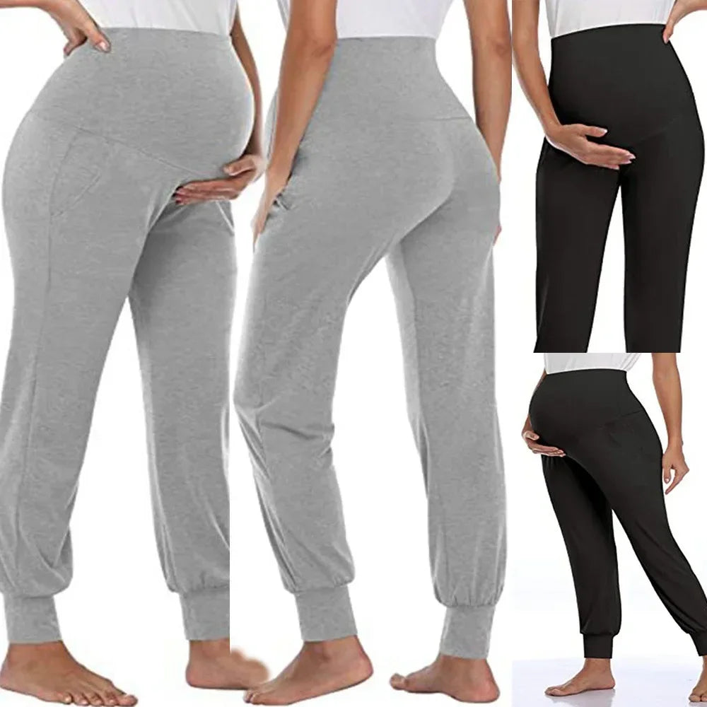 Pantaloni casual da donna premaman primaverili Premama Pantaloni da salotto elasticizzati a vita alta solidi per donne incinte Pantaloni da jogging con tasche
