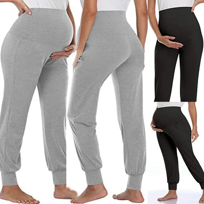 Pantaloni casual da donna premaman primaverili Premama Pantaloni da salotto elasticizzati a vita alta solidi per donne incinte Pantaloni da jogging con tasche