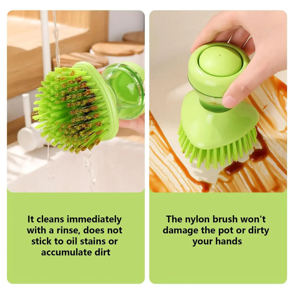 Spazzola per piatti con erogatore di sapone 2 in 1, dotata di spazzola integrata per la pulizia di pentole, padelle e lavelli, fornita con supporto da parete, strumento per la pulizia della cucina.
