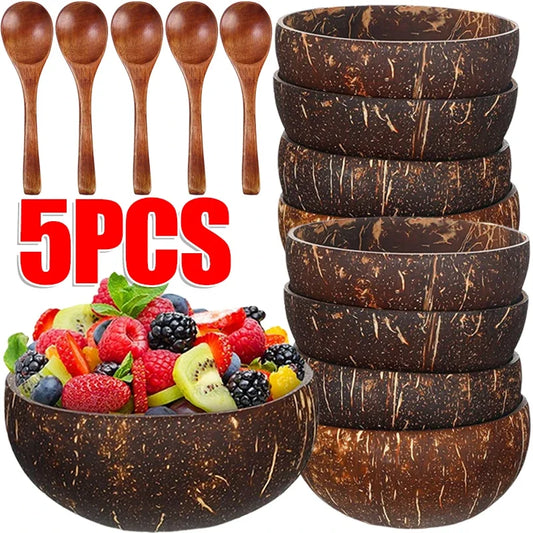 Ciotole di cocco naturale per piatti da portata Ciotole riutilizzabili in legno Utensili Cucchiaio di legno Ciotole di guscio di cocco naturale Set da pranzo da cucina