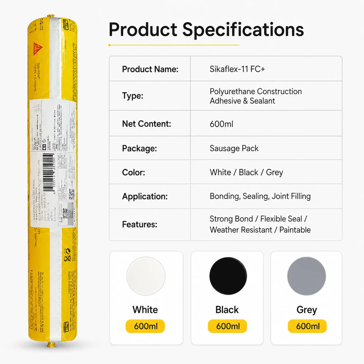 Sikaflex 11 FC+ Sigillante Adesivo Poliuretanico 600ml Bianco Nero Grigio Impermeabile Flessibile per Riparazioni Edili