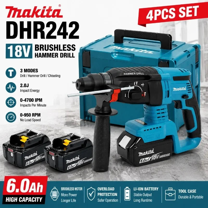 Martello Perforatore Rotativo Cordless Makita DHR242 18V Originale al 100%, Senza Spazzole, 24mm per Calcestruzzo, 4700 IPM, 3 Modalità, Professionale per Lavori Pesanti
