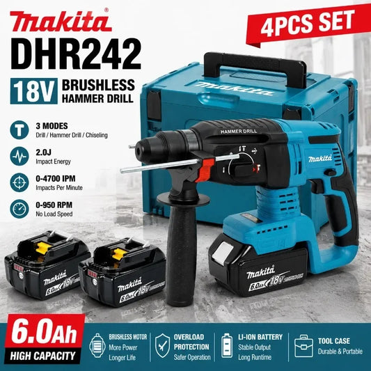 Martello Perforatore Rotativo Cordless Makita DHR242 18V Originale al 100%, Senza Spazzole, 24mm per Calcestruzzo, 4700 IPM, 3 Modalità, Professionale per Lavori Pesanti