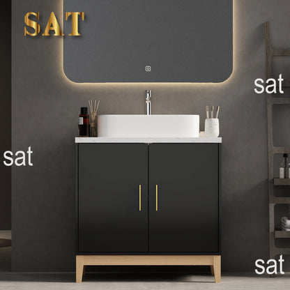 Mobile da bagno moderno con lavabo e 2 ante portaoggetti, mobile lavabo con porta troppopieno e maniglie in metallo, nero