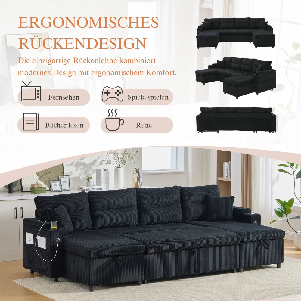 Divano in Velluto a 4 Posti con Vano Portaoggetti Integrato e Portabevande, Divano Moderno con Porte USB e Funzione Letto Estensibile