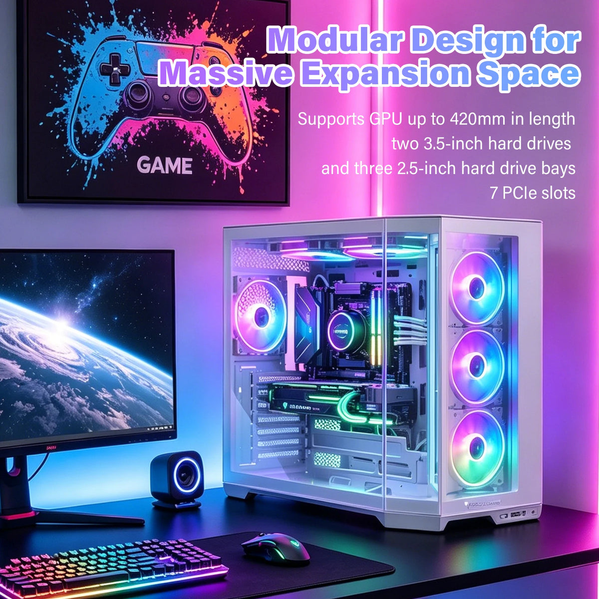 Case per PC ATX, con elevata capacità di circolazione dell’aria, struttura modulare per PC desktop, dotato di pannelli in vetro temperato sul frontale e sui lati, compatibile con schede madri ITX, MATX ed EATX.