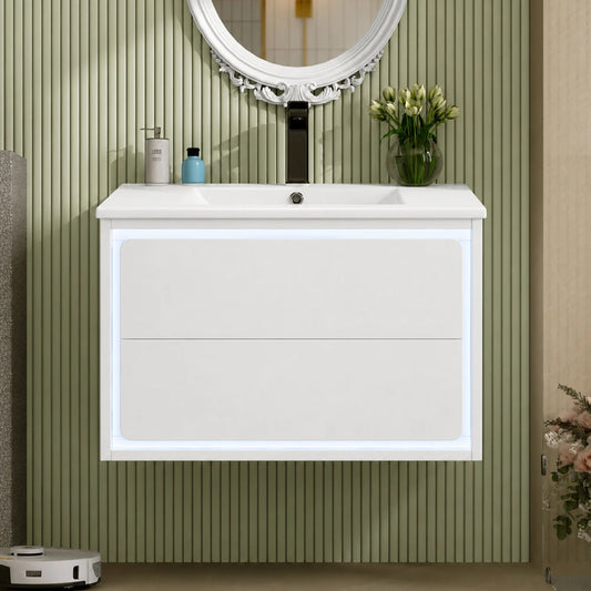 Mobile da bagno bianco da parete 76x46x48,5 cm con finitura completamente verniciata, due cassetti con guide scorrevoli silenziose, unità lavabo con lavello integrato, mobile per il bagno, arredo per la casa.
