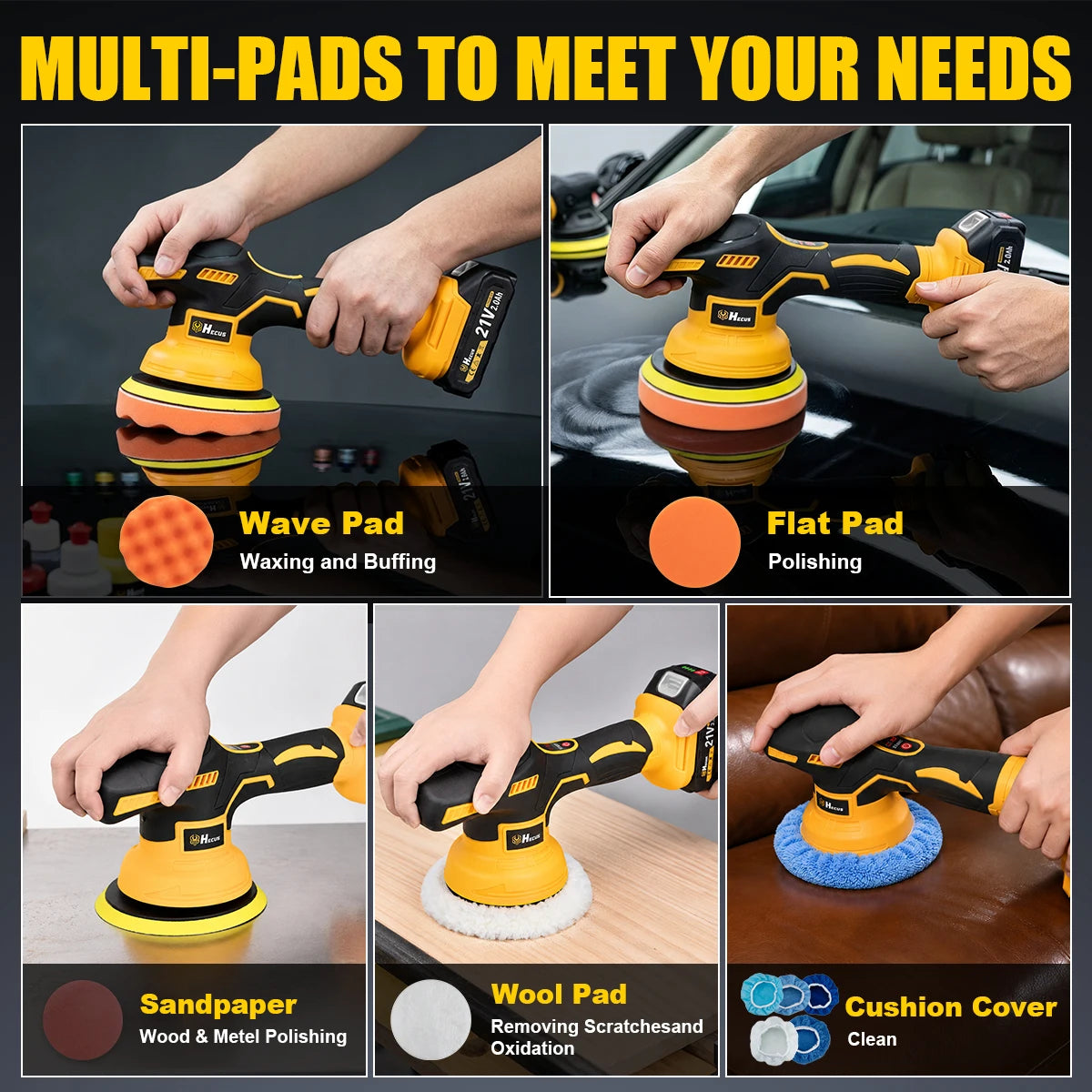 Lucidatrice Elettrica per Auto Hecus 9 Velocità, Senza Fili, con Display Digitale, Utensile Rotante per Lucidatura e Ceratura, Compatibile con Batteria Makita 18V