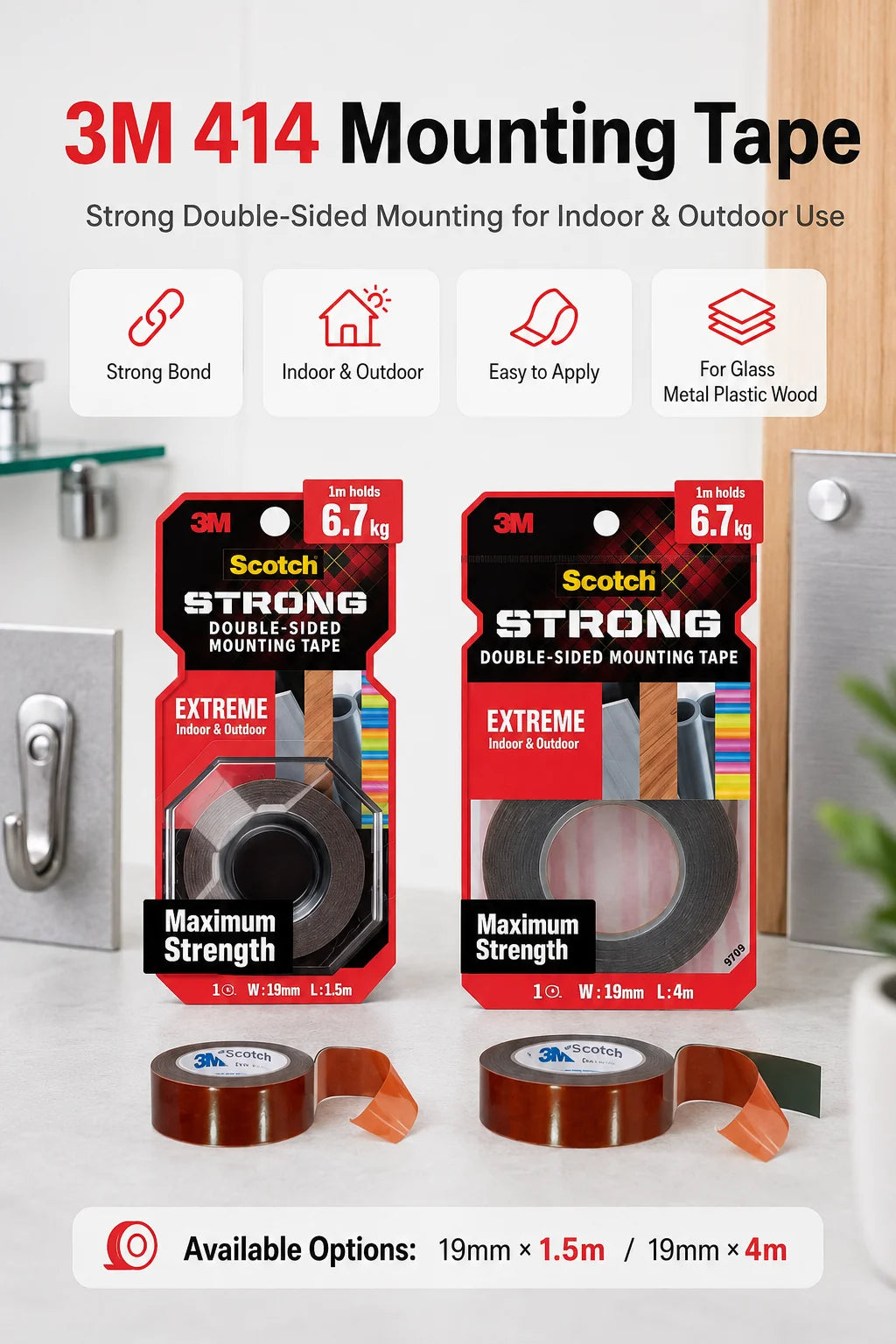 Nastro Biadesivo 3M 414 per Montaggio, Nastro Adesivo in Schiuma Resistente, Impermeabile per Esterni, per Vetro, Metallo, Legno, Muro, 19mm 1.5m 4m
