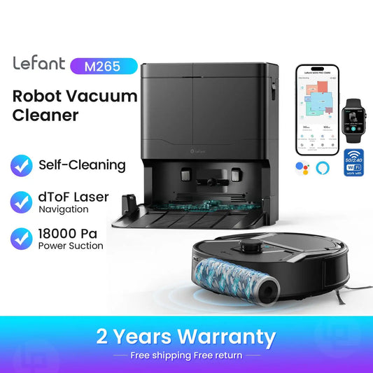 Robot aspirapolvere Lefant M265 con mappatura, 18000 Pa, rullo autopulente, lavaggio con acqua pulita, laser dToF, evita PSD, anti-groviglio, compatto, WiFi 2.4G/5G/Alexa/APP