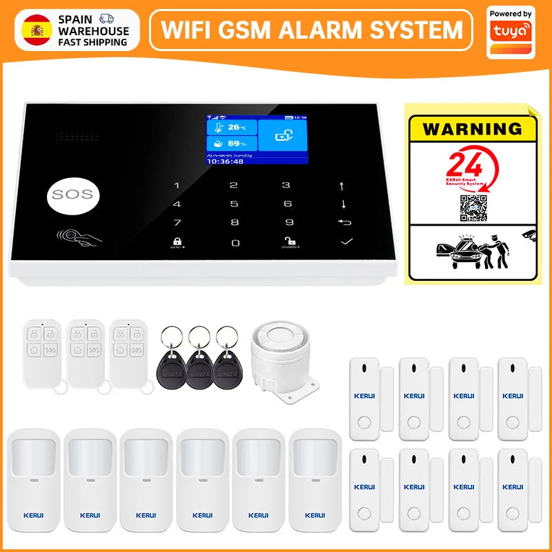 Sistema di Allarme KERUI WIFI GSM con Supporto per 3 Zone Cablate, Allarme Domestico Antifurto Compatibile con Tuya Smart, Sensore PIR 433MHz per Protezione di Sicurezza