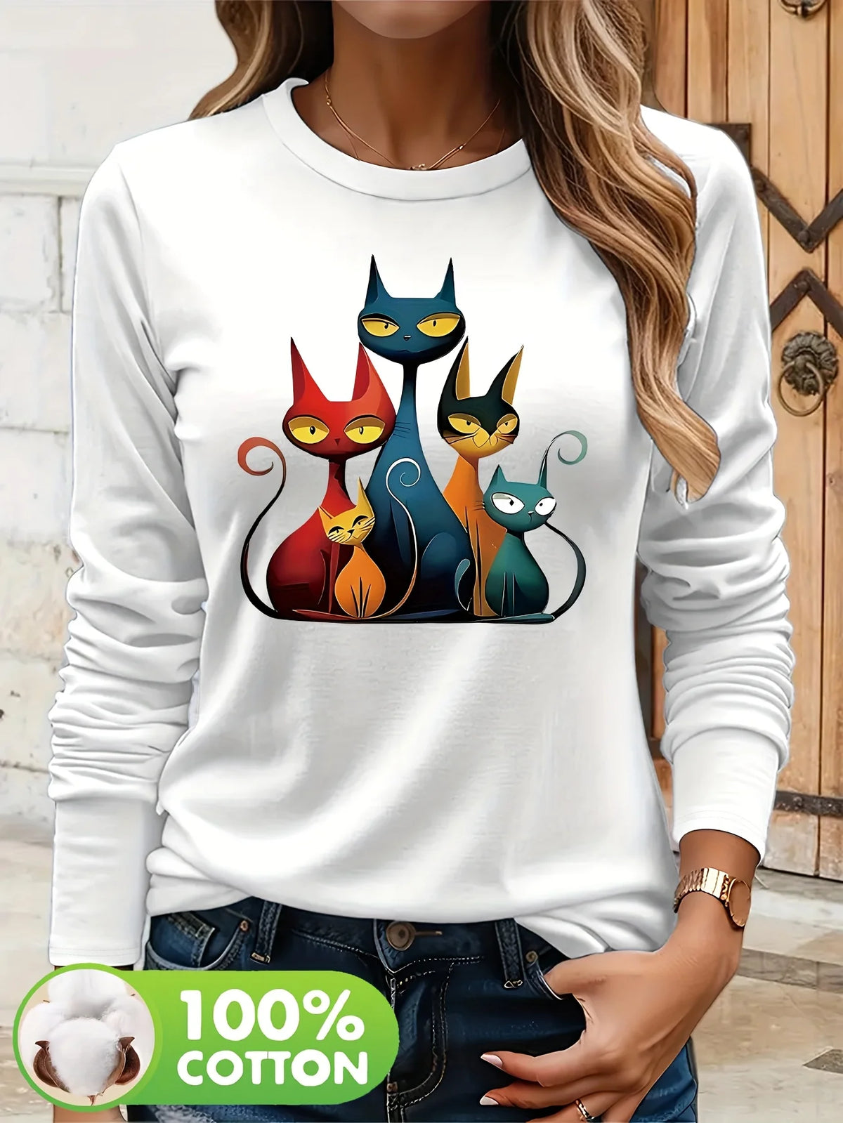 T-shirt da donna in 100% puro cotone, a maniche lunghe, con scollo rotondo, stile casual, con stampa grafica floreale, vestibilità ampia, ideale per la primavera e l'autunno.