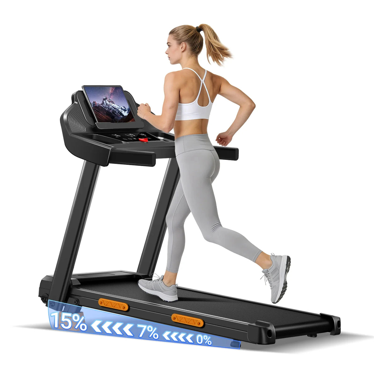 LONTEK SF20 Tapis roulant pieghevole con tre schermi più ampi e supporto, inclinazione del 15% e velocità massima di 12 km/h, 12 programmi preimpostati, capacità di carico di 180 kg