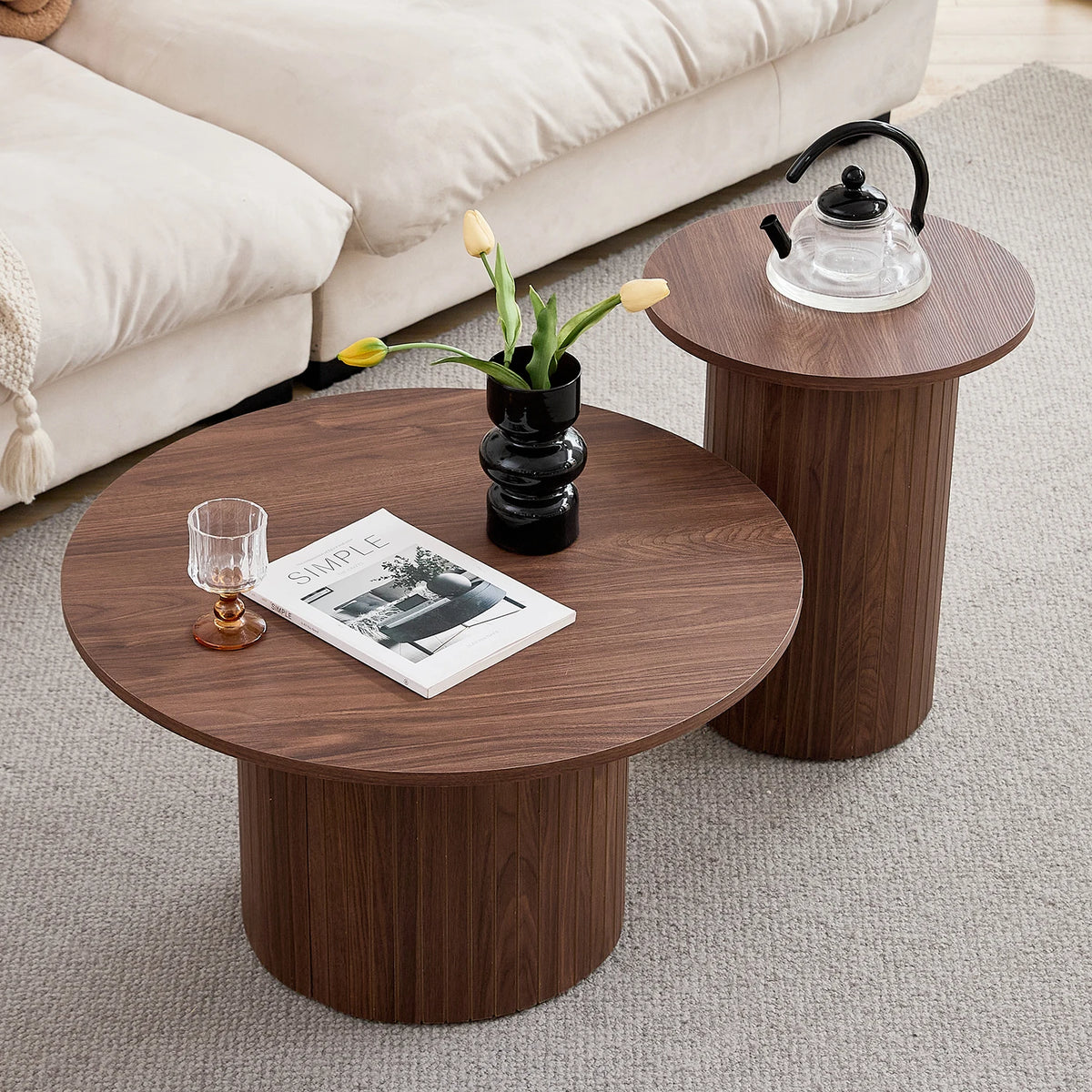 Set di 2 tavolini rotondi in legno in stile nordico, tavolino da caffè impilabile in legno, per mobili da soggiorno/camera da letto
