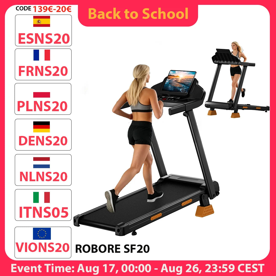 ROBORE SF20 Treadmill Pieghevole per Casa con Inclinazione del 15%, Velocità di 12 km/h, Carico Massimo di 136 kg, Motore Silenzioso Brushless da 3.0HP, Nastro da Corsa 97×40 cm, Tripla Ammortizzazione, Cuscino a 7 Strati
