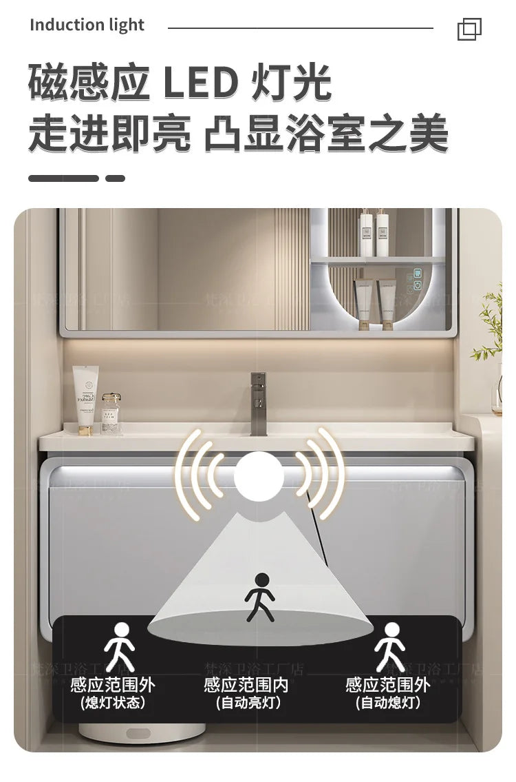 Mobile Bagno Moderno Intelligente con Lavabo Integrato in Ceramica, Armadietti in Rovere, Specchio LED e Mobiletto - Arredamento Bagno