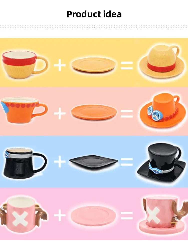 Tazza da caffè e piattino del fumetto Tazze d'acqua a forma di cappello creativo Cosplay Anime Chopper Ace Sabo Tazza in ceramica Piatto da dessert Regali