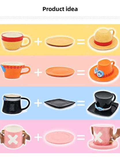 Tazza da caffè e piattino del fumetto Tazze d'acqua a forma di cappello creativo Cosplay Anime Chopper Ace Sabo Tazza in ceramica Piatto da dessert Regali
