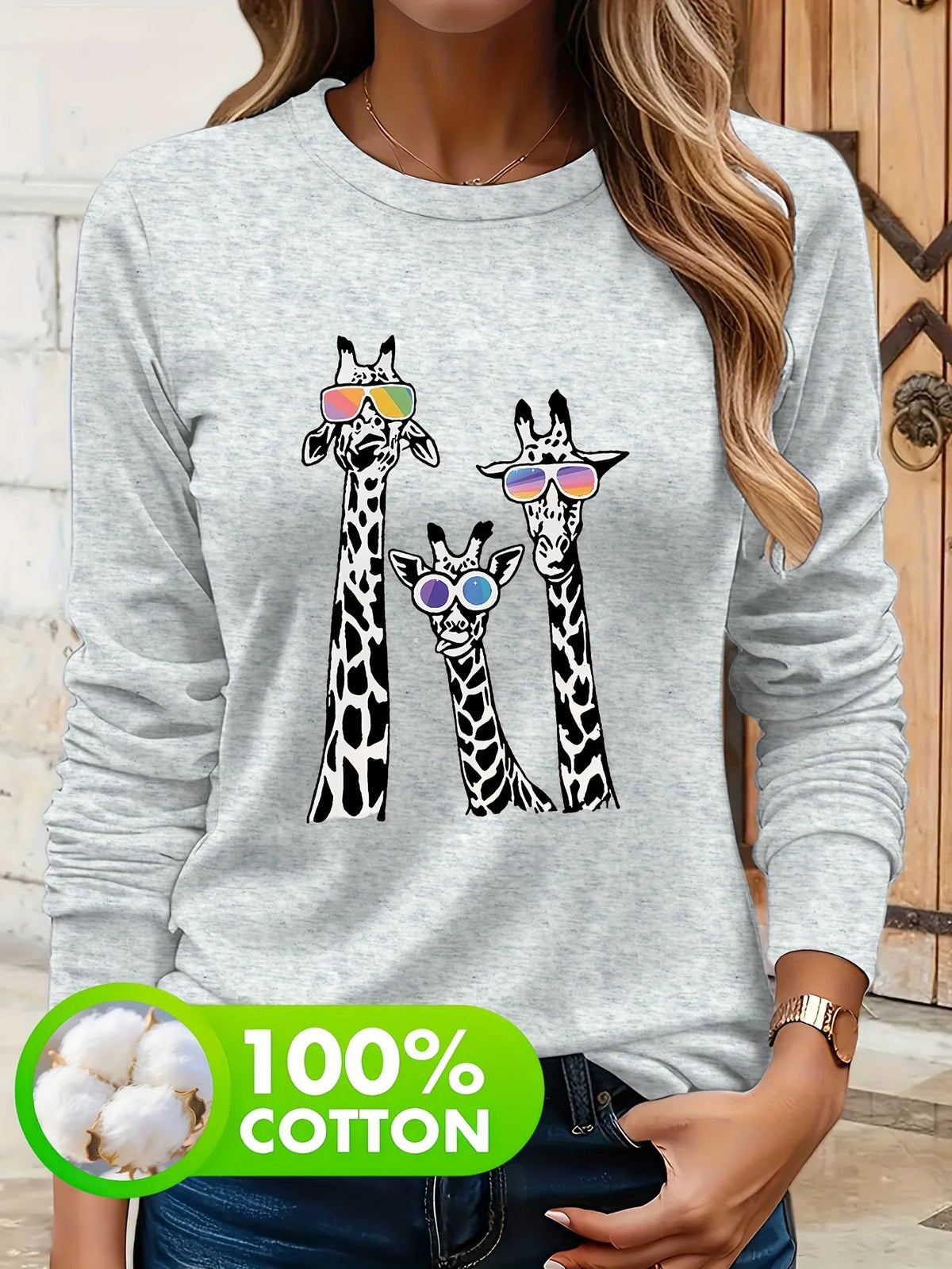 T-shirt da donna in 100% puro cotone, a maniche lunghe, con scollo rotondo, stile casual, con stampa grafica floreale, vestibilità ampia, ideale per la primavera e l'autunno.